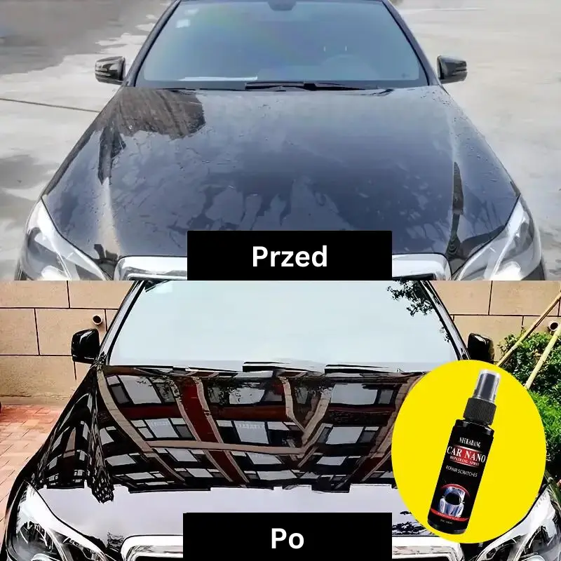A before and after image of how car nano makes it look shiny