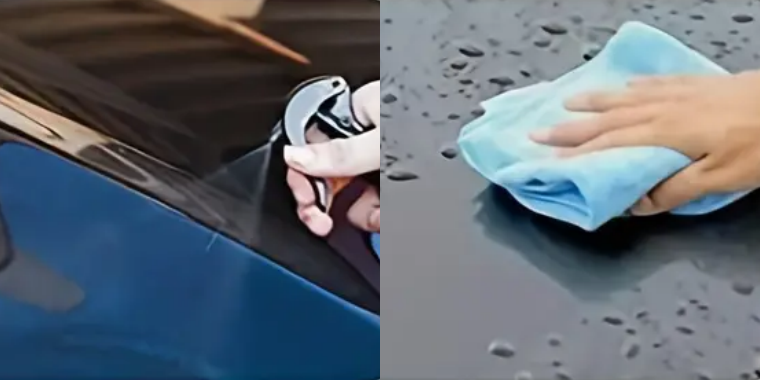 a collage image of someone using car nano and then whipping it away